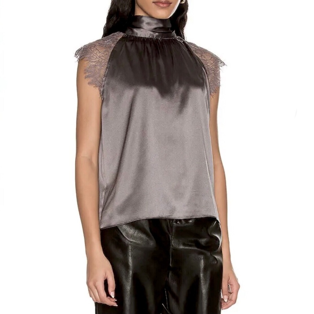 Joie Gray Satin Top Tie Back Mockneck Halter Lace Cap Sleeve Size X-Small